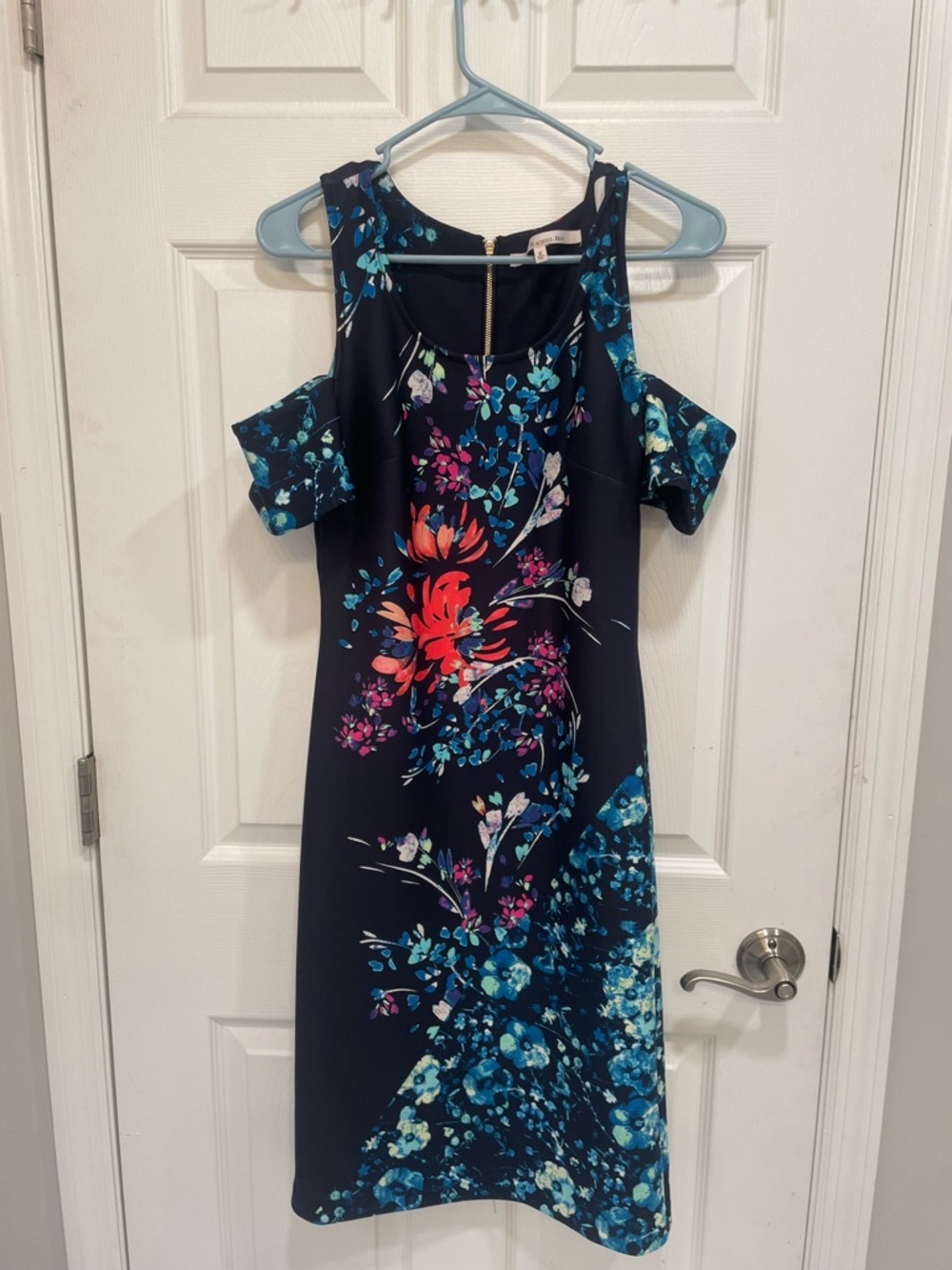 RACHEL Rachel Roy Navy Floral Cold-Shoulder Midi Dress with Coral Accents